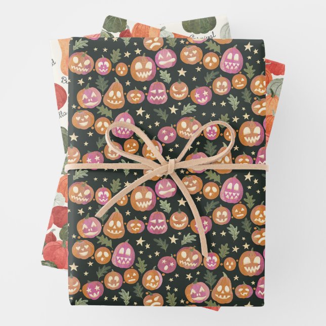 Fall Pumpkin and Jack-o'-lantern Set of Three Wrapping Paper Sheet (In situ)
