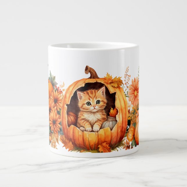Fall Pumpkin and Kitten  Large Coffee Mug (Front)