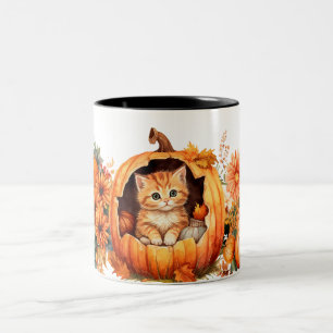 Fall Pumpkin and Kitten Two-Tone Coffee Mug