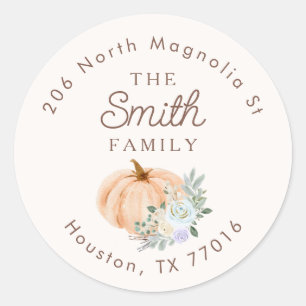 Fall Pumpkin and Pastel Floral Return Address Classic Round Sticker