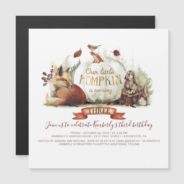 Fall Pumpkin and Woodland Animals Birthday Magnetic Invitation (Front/Back)