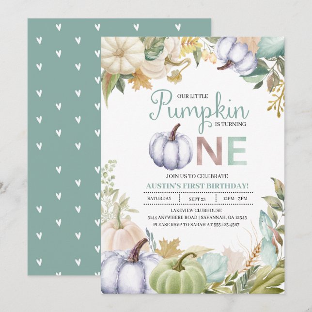 Fall Pumpkin Autumn First Birthday Invitation Boy (Front/Back)