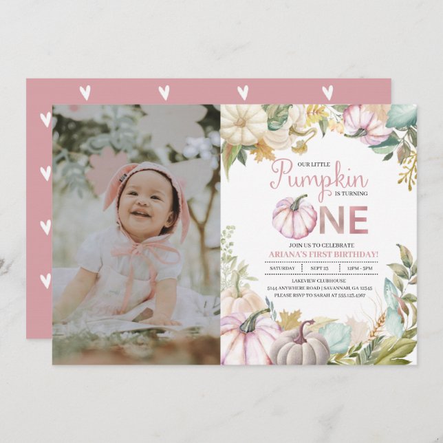Fall Pumpkin Autumn First Birthday Invitation Girl (Front/Back)