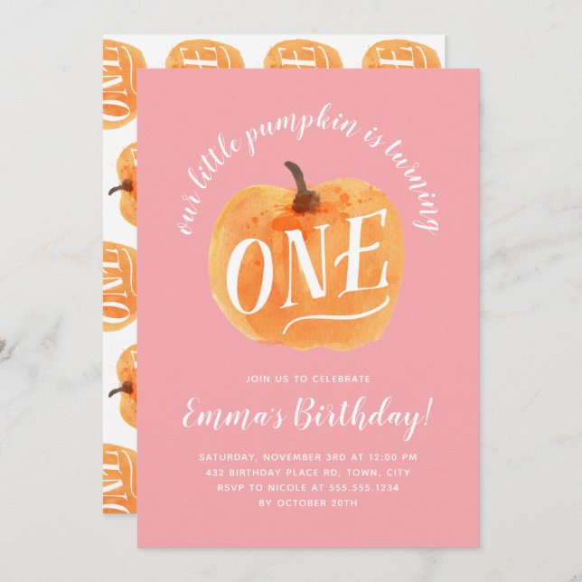 Fall Pumpkin Autumn First Birthday Pink Invitation (Front/Back)