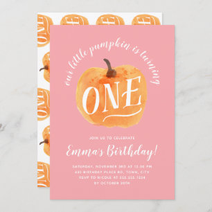 Fall Pumpkin Autumn First Birthday Pink Invitation