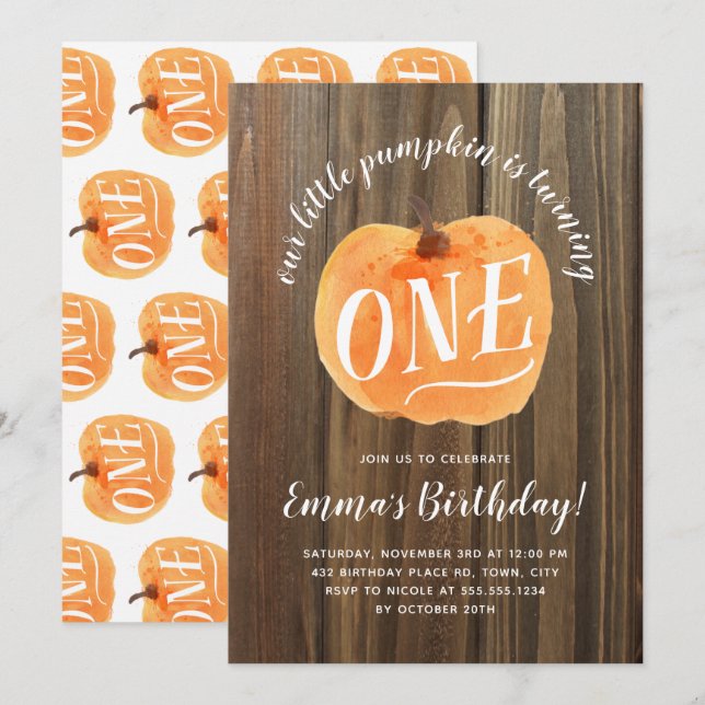 Fall Pumpkin Autumn First Birthday Rustic Wood Invitation (Front/Back)