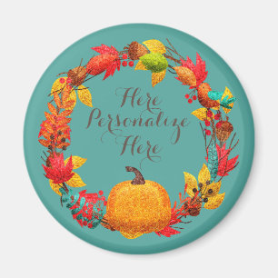 Fall pumpkin autumn leaf bird wreath teal orange  magnet