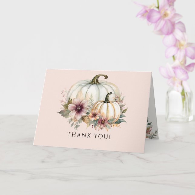 Fall Pumpkin Autumn Leaf Pink Floral Thank You Card (Orchid)