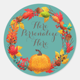 Fall pumpkin autumn leaf wreath teal orange classic round sticker