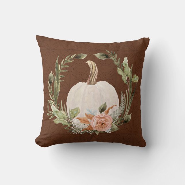 Fall Pumpkin Autumn Peach Rust Floral Moss Foliage Cushion (Front)