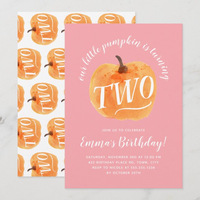 Fall Pumpkin Autumn Second Birthday Pink Invitation (Front/Back)