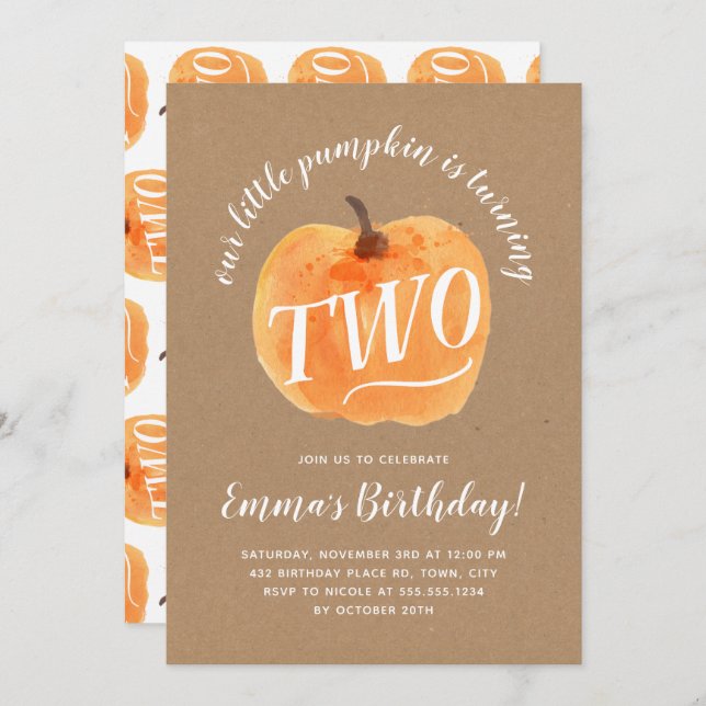 Fall Pumpkin Autumn Second Birthday Rustic Kraft Invitation (Front/Back)