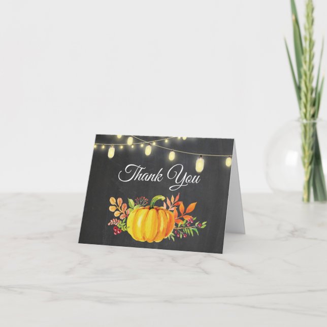 Fall Pumpkin Autumn String Lights Chalkboard Thank You Card (Front)