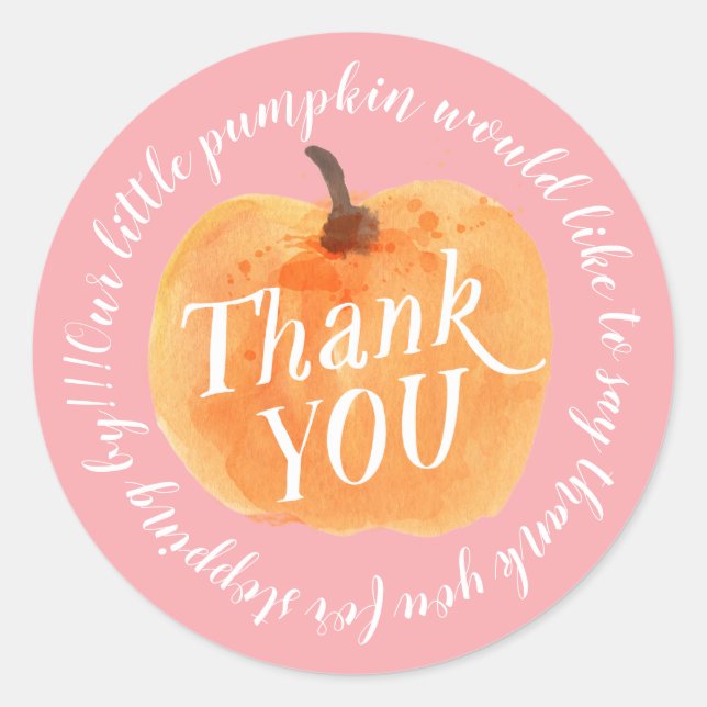 Fall Pumpkin Autumn Thank You Pink Classic Round Sticker (Front)