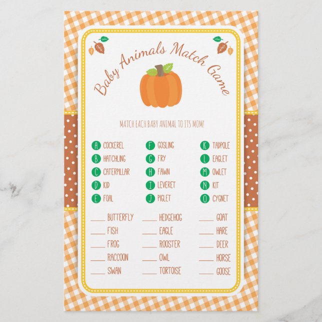 Fall Pumpkin Baby Shower Animal Match Game Flyer (Front)