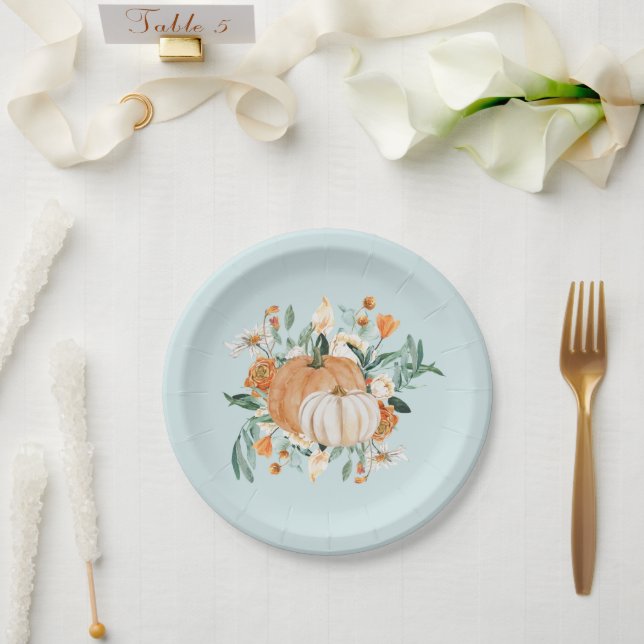 Fall Pumpkin Baby Shower Blue,  Paper Plate (Wedding)