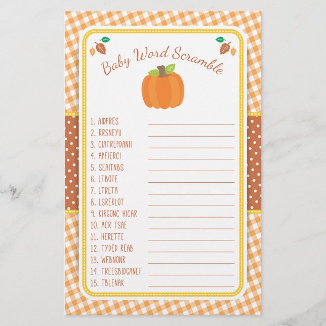 Fall Pumpkin Baby Shower Game - Word Scramble Flyer (Front)