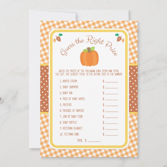 Fall Pumpkin Baby Shower Guess the Price Game Card (Front)