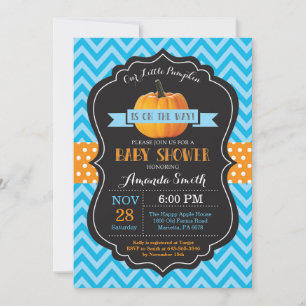 Fall Pumpkin Baby Shower Invitation Blue Chevron
