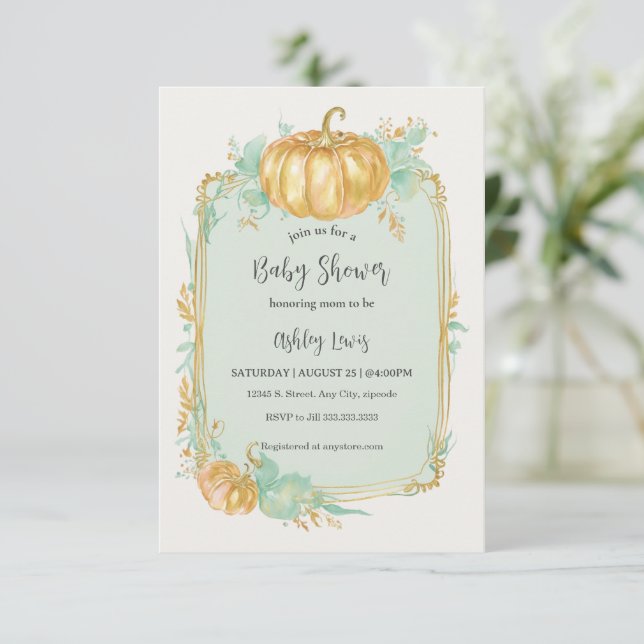 Fall Pumpkin Baby shower invitation Gold pumpkin (Standing Front)