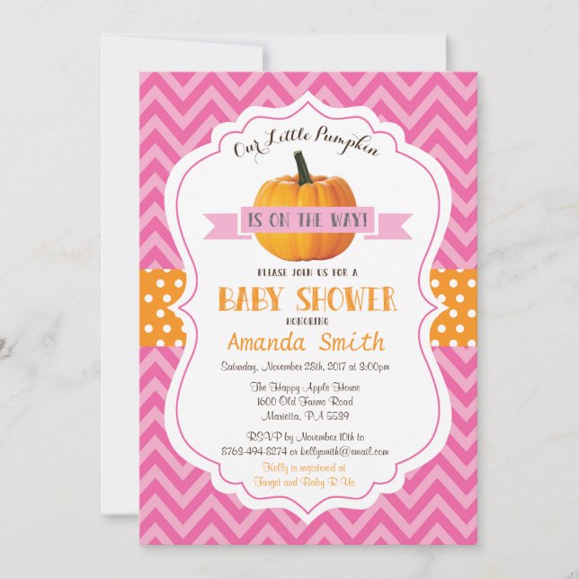 Fall Pumpkin Baby Shower Invitation Pink Chevron (Front)