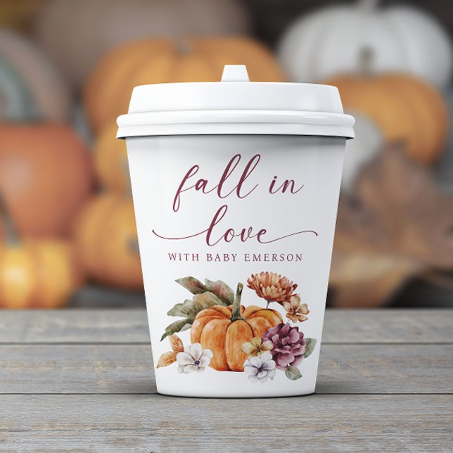 Fall Pumpkin Baby Shower Paper Cups (Fall In Love with Baby Paper Cup Baby Shower Decor Watercolor Floral)