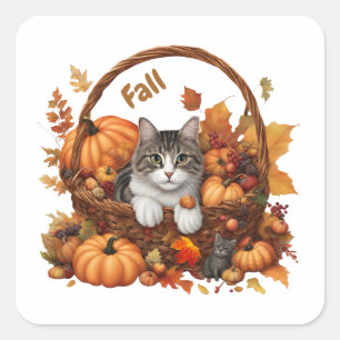 Fall Pumpkin Basket with Cute Cats  Square Sticker