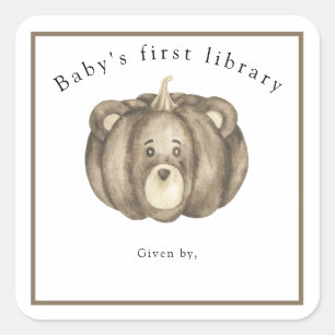 Fall pumpkin bear - baby's first library square sticker