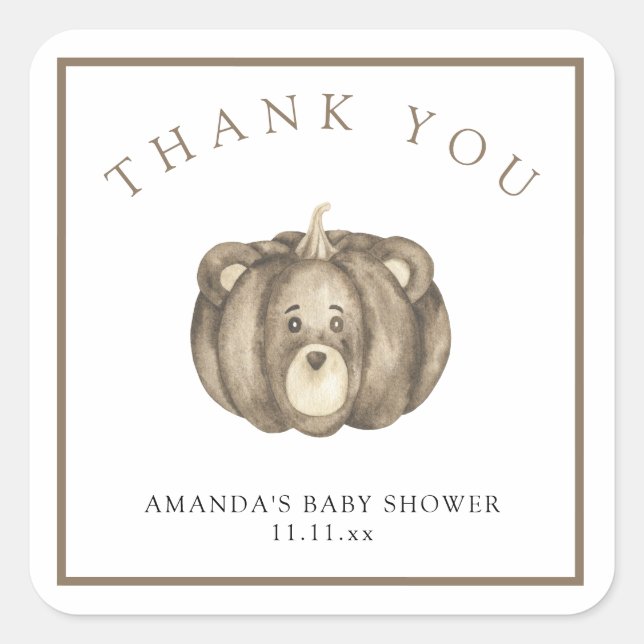 Fall pumpkin bear - thank you square sticker (Front)