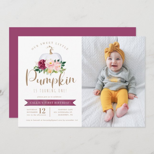 Fall Pumpkin Birthday Photo Invitation Custom Age (Front/Back)