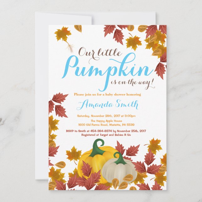 Fall Pumpkin Blue Boy Baby Shower invitation (Front)
