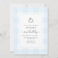 Fall Pumpkin Blue Gingham 1st Birthday Invitation