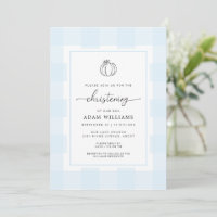 Fall Pumpkin Blue Gingham Christening Invitation