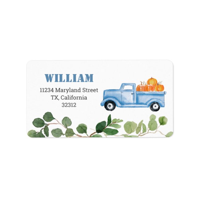 Fall Pumpkin Blue Truck Address Label (Front)