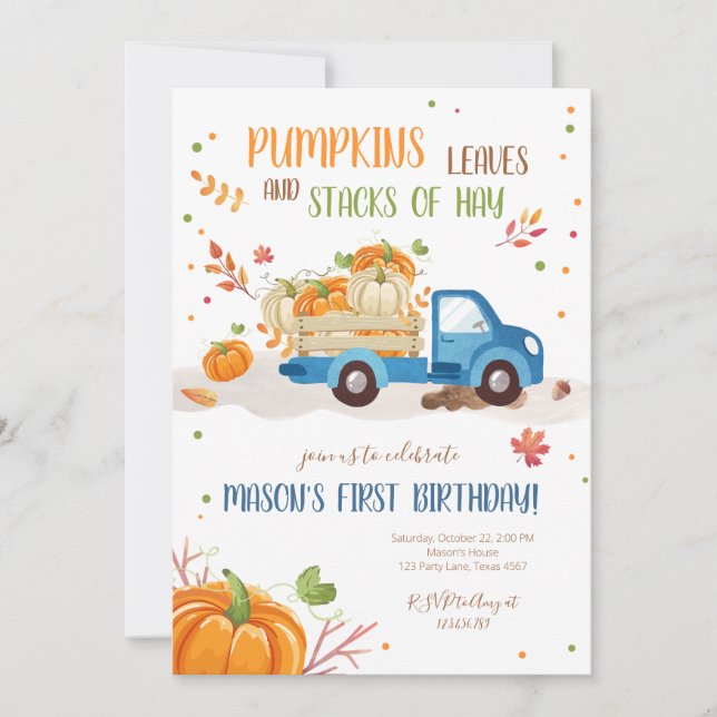 Fall Pumpkin Blue Truck Orange Green Boy Birthday Invitation (Front)