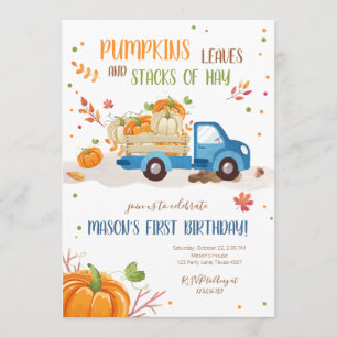 Fall Pumpkin Blue Truck Orange Green Boy Birthday Invitation