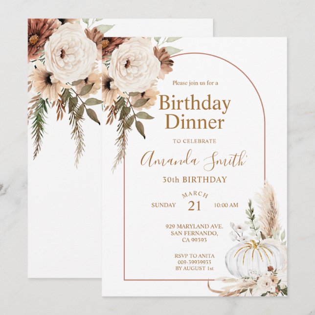 Fall Pumpkin Boho Arch Floral Birthday 30th Dinner Invitation (Front/Back)