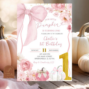 Fall Pumpkin Bow Pink Coquette Floral Birthday Invitation