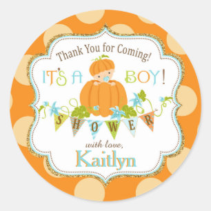 Fall Pumpkin Boy Gold Glitter Baby Shower Classic Round Sticker