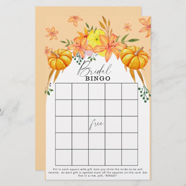 Fall pumpkin bridal shower bingo game (Front/Back)
