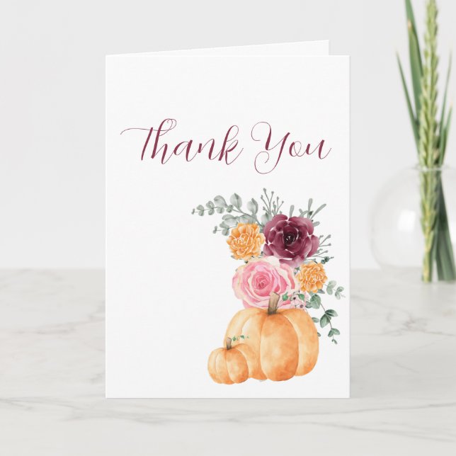 Fall pumpkin burgundy blush pink floral photo  thank you card (Front)