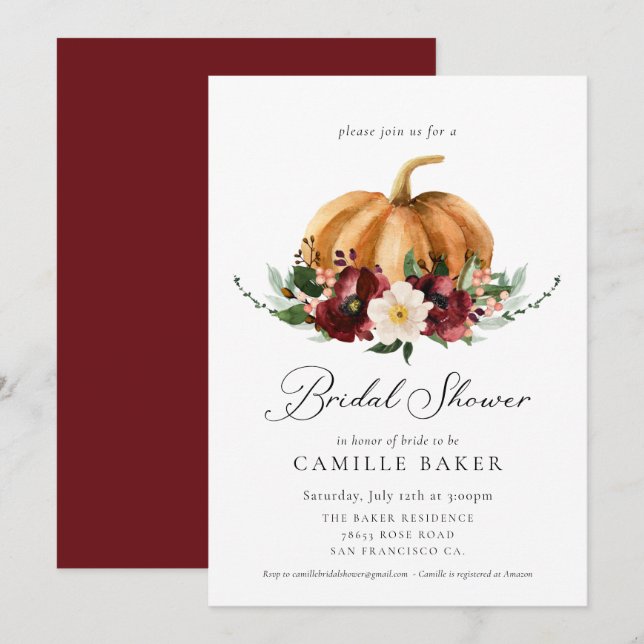 Fall Pumpkin Burgundy Floral Bridal Shower Invitation (Front/Back)
