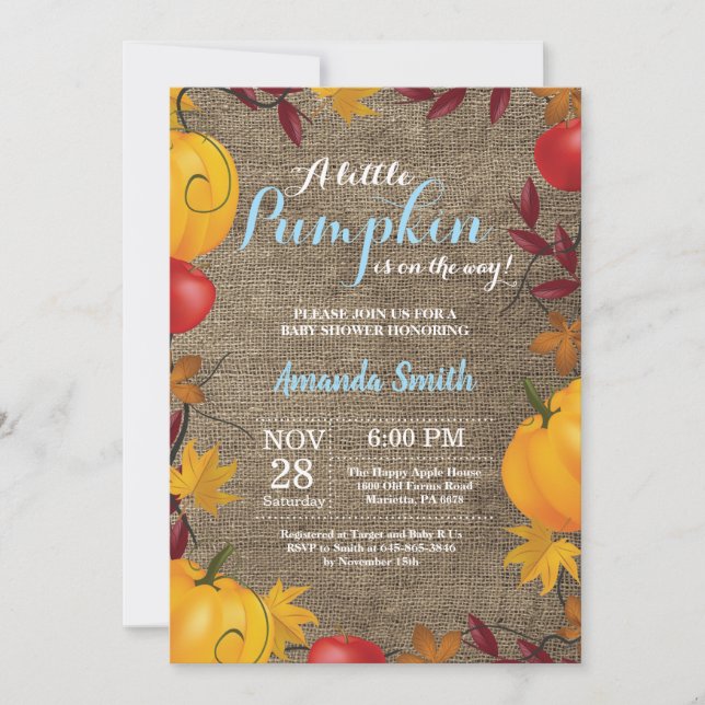 Fall Pumpkin Burlap Boy Baby Shower invitation (Front)