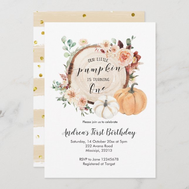 fall pumpkin burnt orange first birthday invitation (Front/Back)