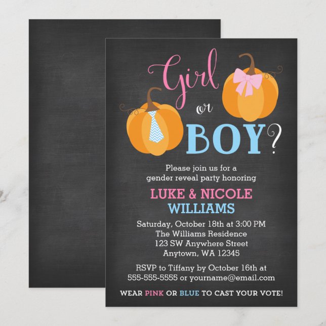 Fall Pumpkin Chalkboard Gender Reveal Party Invitation (Front/Back)