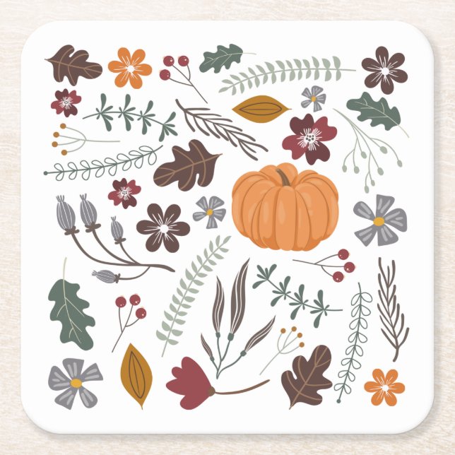 Fall pumpkin contemporary graphic pattern minimali square paper coaster (Front)