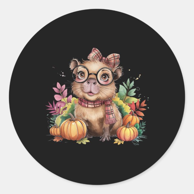 Fall Pumpkin Cute Capybyra Fall Autumn Thanksgivin Classic Round Sticker (Front)