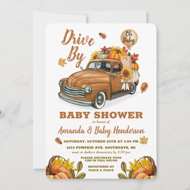 Fall Pumpkin Drive By Baby Shower Invitation (Front)