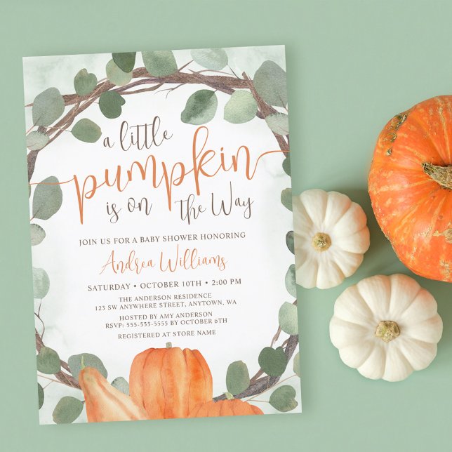 Fall Pumpkin Eucalyptus Wreath Baby Shower Invitation (Creator Uploaded)