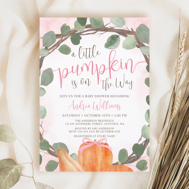 Fall Pumpkin Eucalyptus Wreath Girl Baby Shower Invitation (Creator Uploaded)